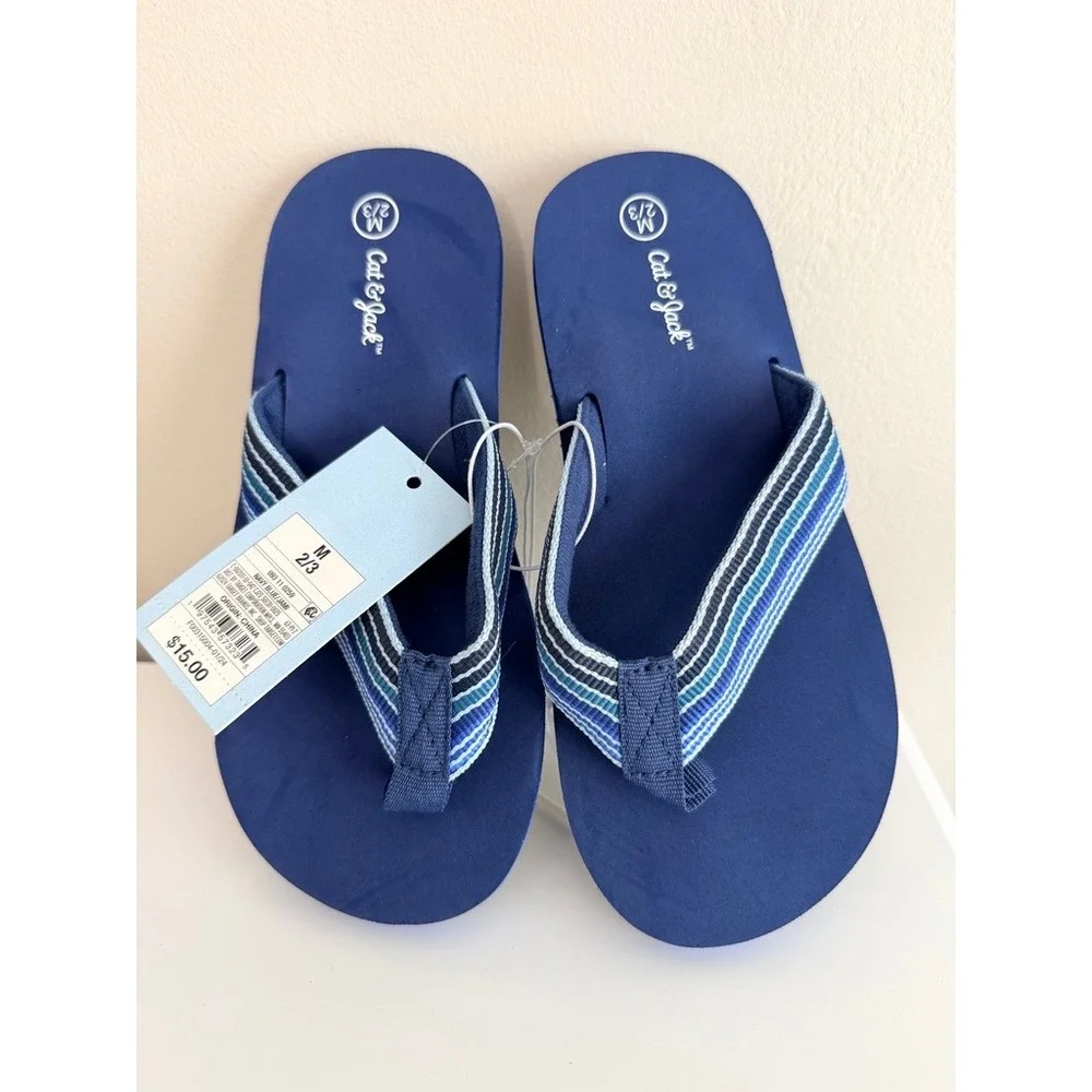 Cat & Jack Flip Flops Boys Size 2/3 Navy Blue Striped Thong Sandals NWT